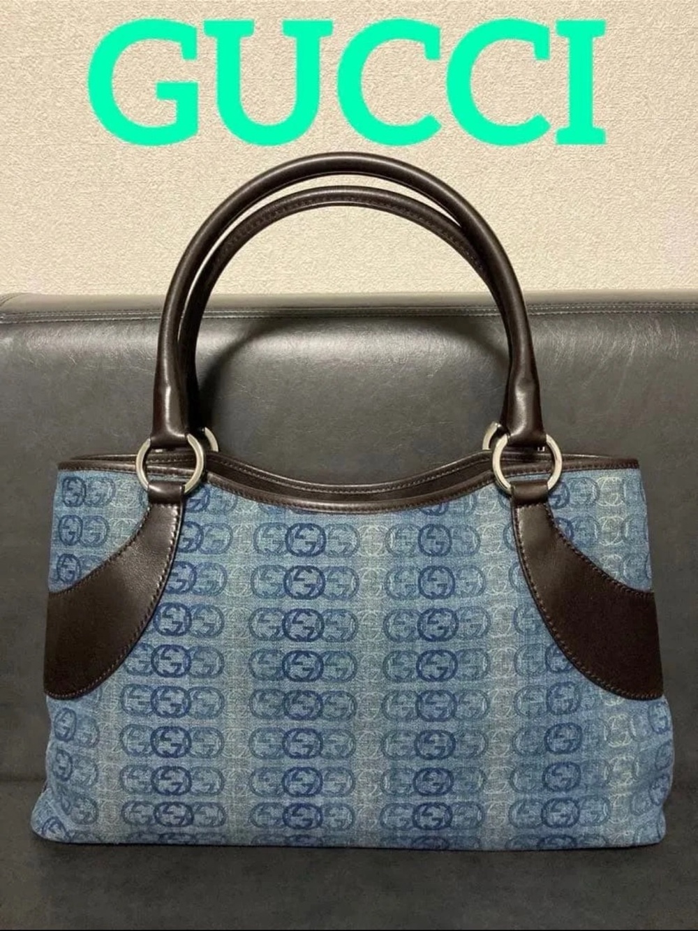 Gucci Blue Monogram Canvas Shoulder Bag with Brown Leather Handles